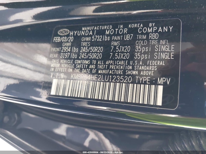 2020 HYUNDAI PALISADE VIN: KM8R54HE2LU123520