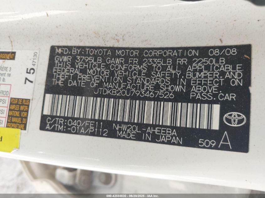 2009 Toyota Prius VIN: JTDKB20U793467526 Lot: 42555530