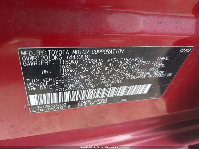 2007 TOYOTA RAV4 VIN: JTMZD33V775057586