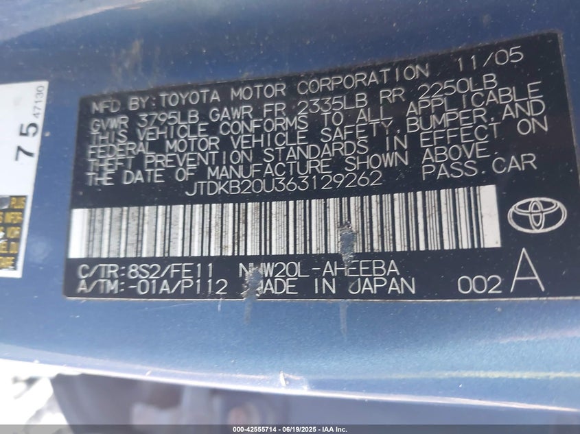 2006 TOYOTA PRIUS VIN: JTDKB20U363129262