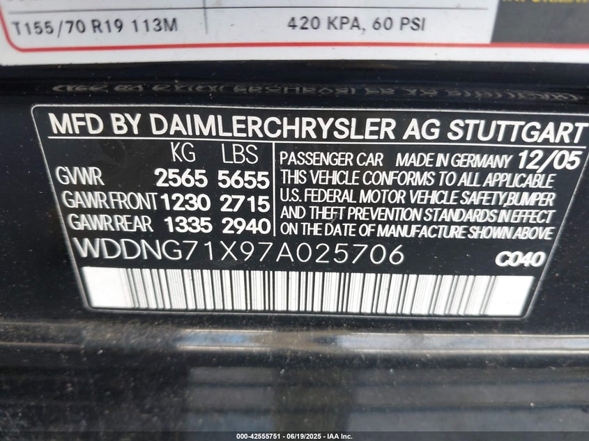 2007 MERCEDES-BENZ S 550 VIN: WDDNG71X97A025706