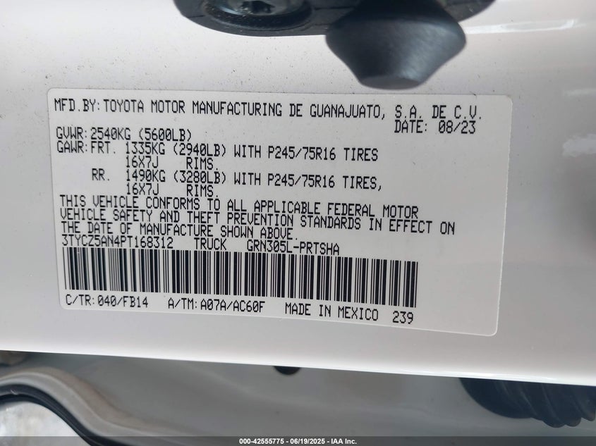 2023 TOYOTA TACOMA VIN: 3TYCZ5AN4PT168312