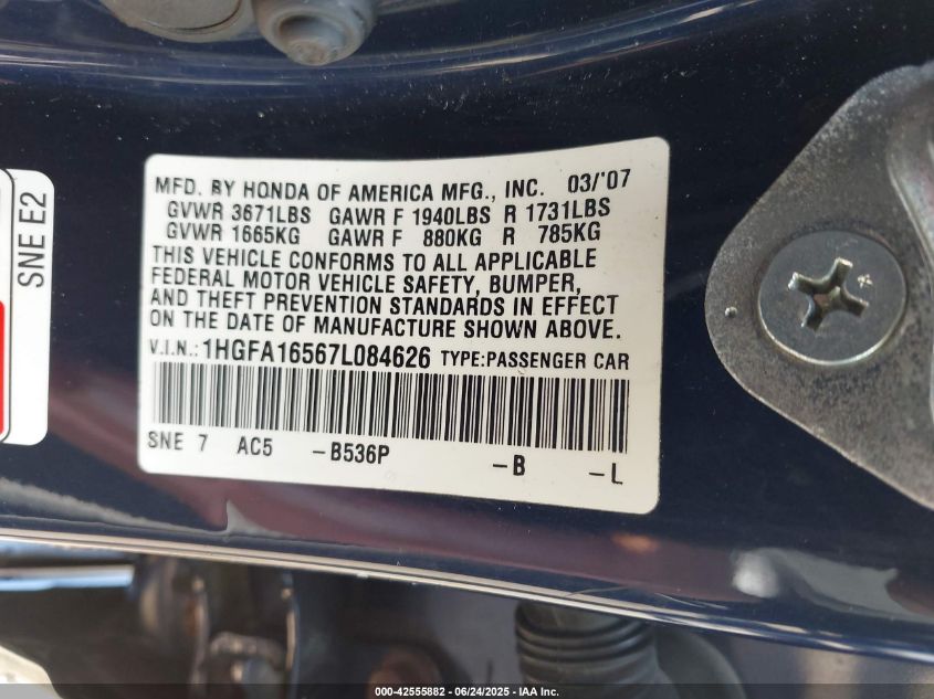 2007 Honda Civic Lx VIN: 1HGFA16567L084626 Lot: 42555882