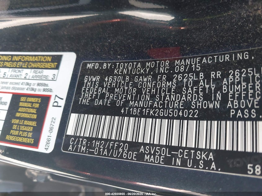 2016 TOYOTA CAMRY VIN: 4T1BF1FK2GU504022