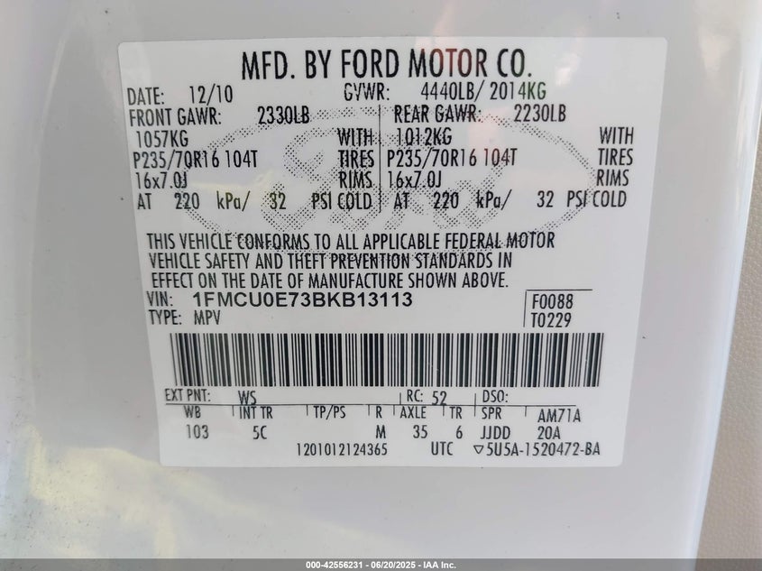 2011 FORD ESCAPE VIN: 1FMCU0E73BKB13113