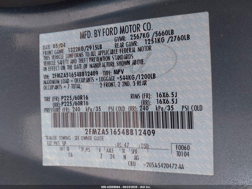 2004 Ford Freestar Se VIN: 2FMZA51654BB12409 Lot: 42556564