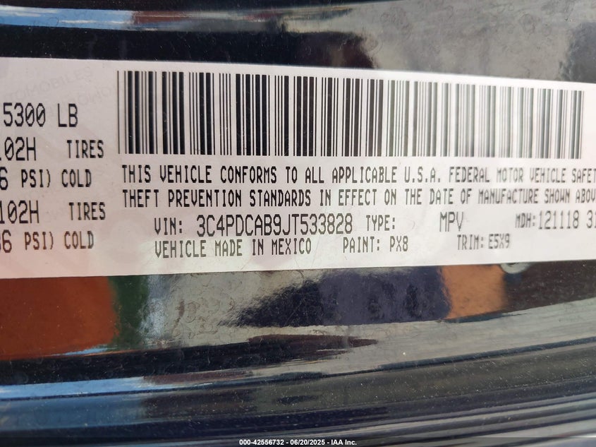 2018 Dodge Journey Se VIN: 3C4PDCAB9JT533828 Lot: 42556732