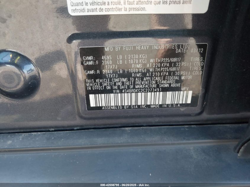 2012 Subaru Outback 3.6R Limited VIN: 4S4BRDKCZC2234519 Lot: 42556795