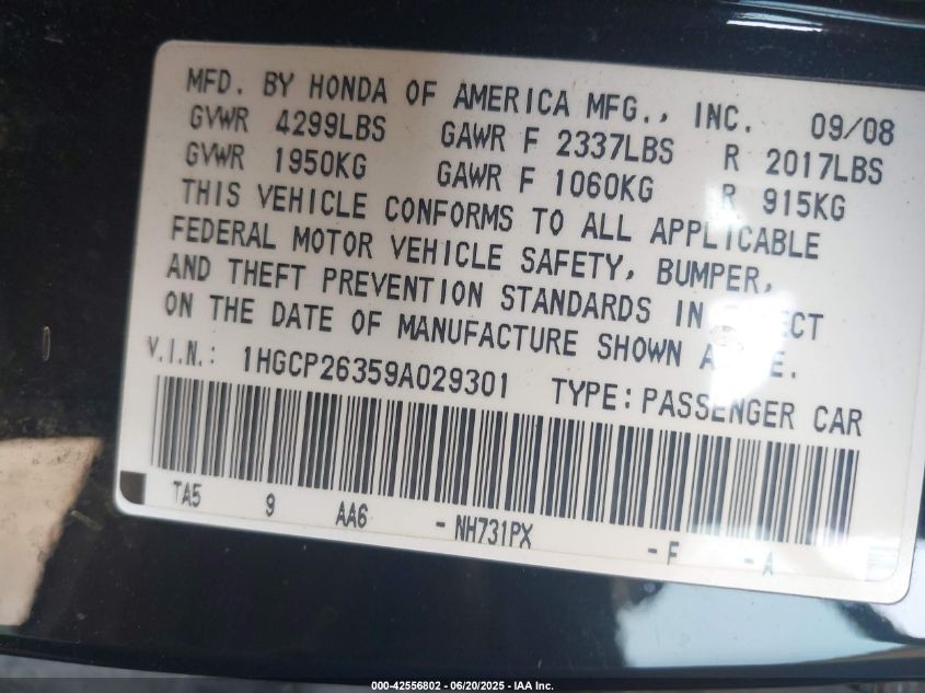2009 Honda Accord 2.4 Lx VIN: 1HGCP26359A029301 Lot: 42556802