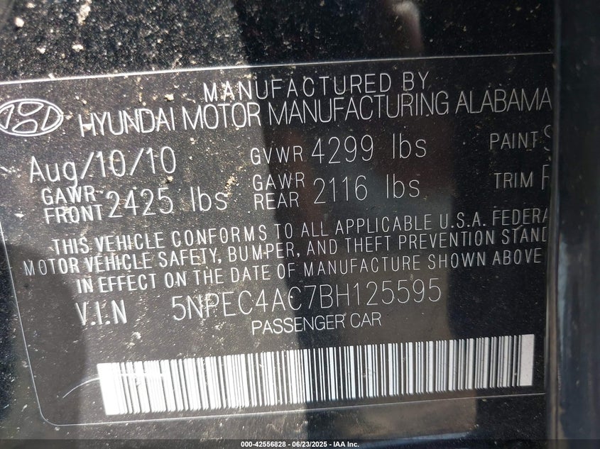 2011 HYUNDAI SONATA VIN: 5NPEC4AC7BH125595