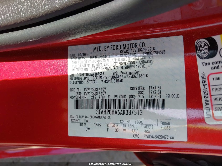 2010 FORD FUSION VIN: 3FAHP0HA6AR387513