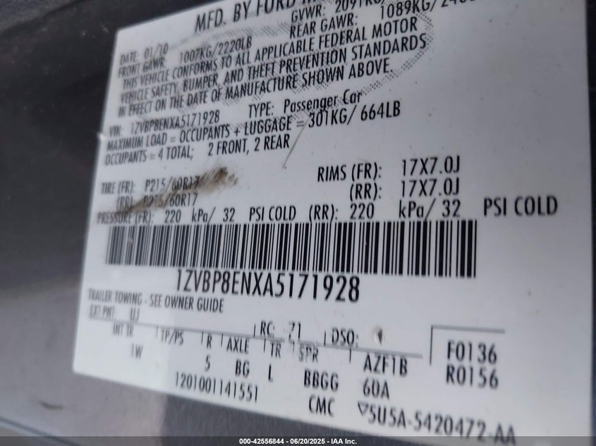 2010 FORD MUSTANG VIN: 1ZVBP8ENXA5171928