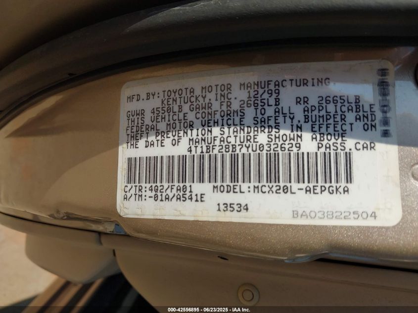 2000 Toyota Avalon Xls VIN: 4T1BF28B7YU032629 Lot: 42556895