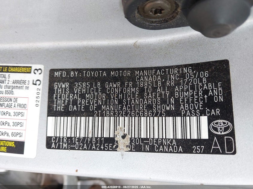 2006 Toyota Corolla Le VIN: 2T1BR32E26C686775 Lot: 42556918