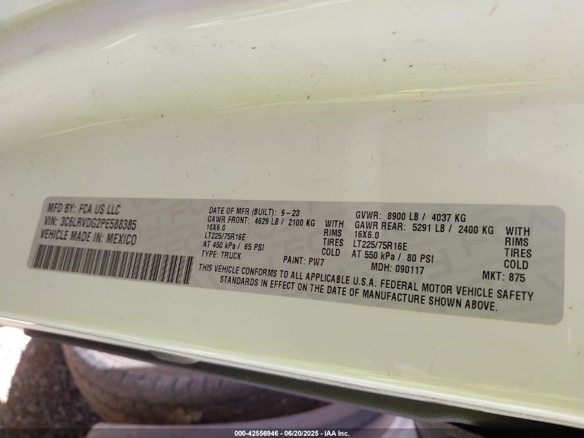 2023 Ram Promaster 2500 High Roof 159 Wb VIN: 3C6LRVDG2PE588385 Lot: 42556946