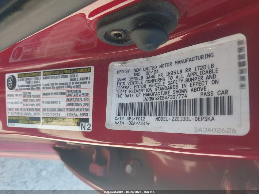 2004 Toyota Corolla S VIN: 1NXBR32E84Z307774 Lot: 42557001