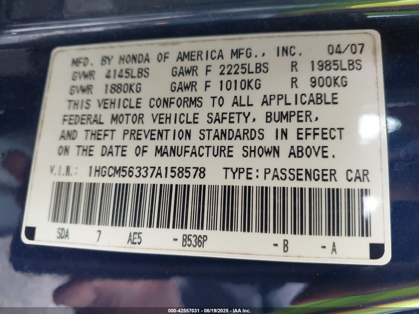 2007 HONDA ACCORD VIN: 1HGCM56337A158578