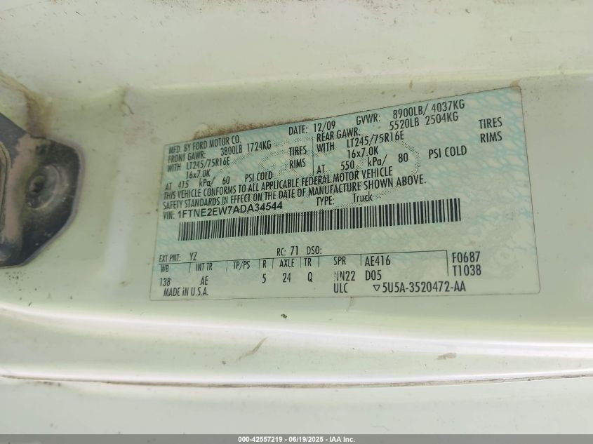 2010 Ford E-250 VIN: 1FTNE2EW7ADA34544 Lot: 42557219