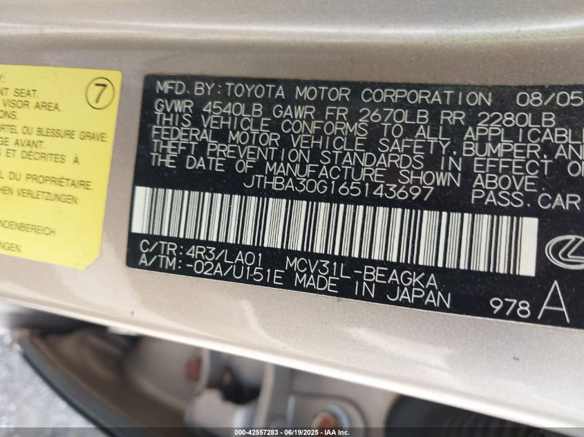 2006 Lexus Es 330 VIN: JTHBA30G165143697 Lot: 42557283