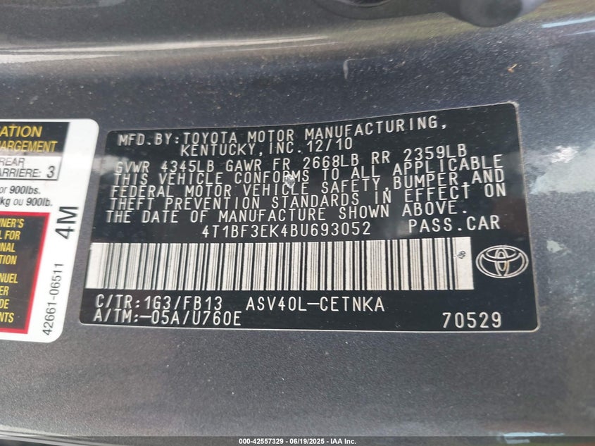 2011 TOYOTA CAMRY VIN: 4T1BF3EK4BU693052