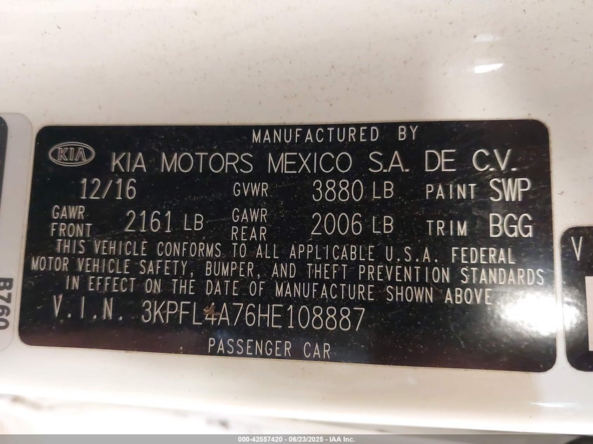 2017 Kia Forte Lx VIN: 3KPFL4A76HE108887 Lot: 42557420