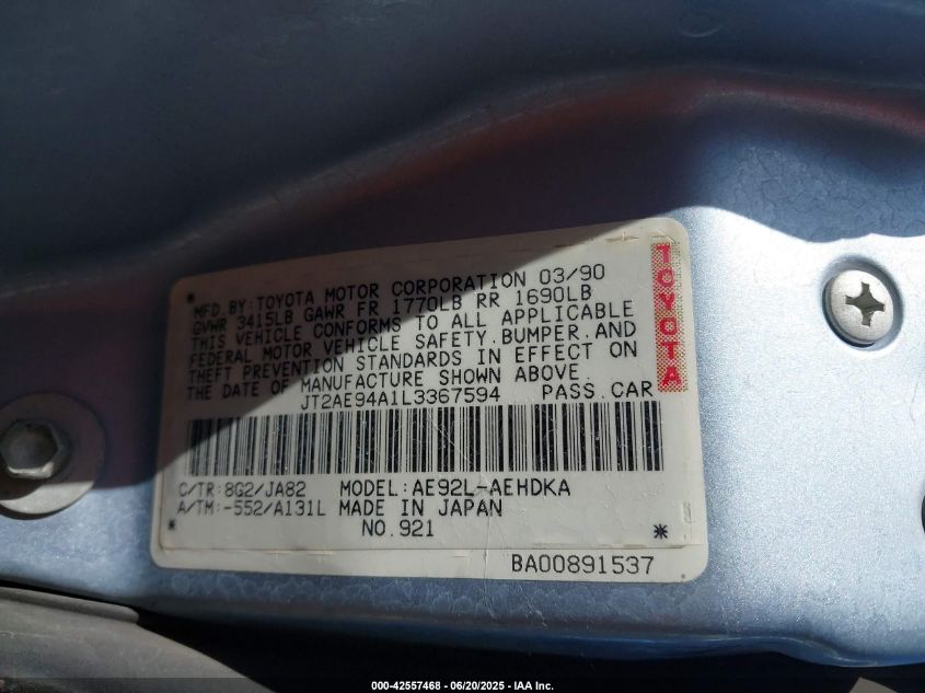 1990 Toyota Corolla Dlx VIN: JT2AE94AIL3367594 Lot: 42557468