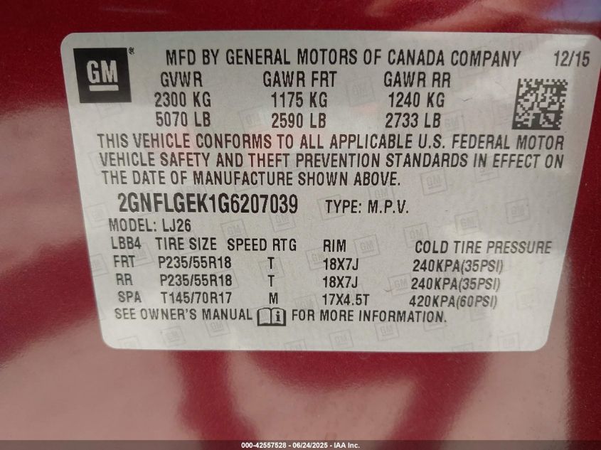 2016 Chevrolet Equinox Ltz VIN: 2GNFLGEK1G6207039 Lot: 42557528