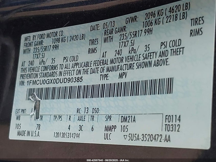 2013 FORD ESCAPE VIN: 1FMCU0GX0DUD90385