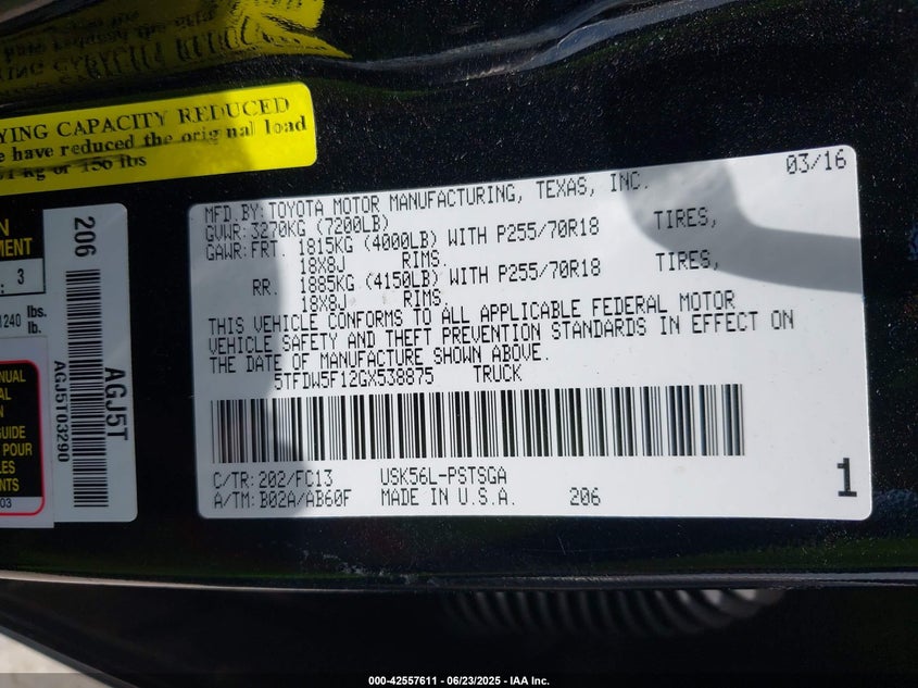 2016 TOYOTA TUNDRA SR5 5.7L V8 - 5TFDW5F12GX538875