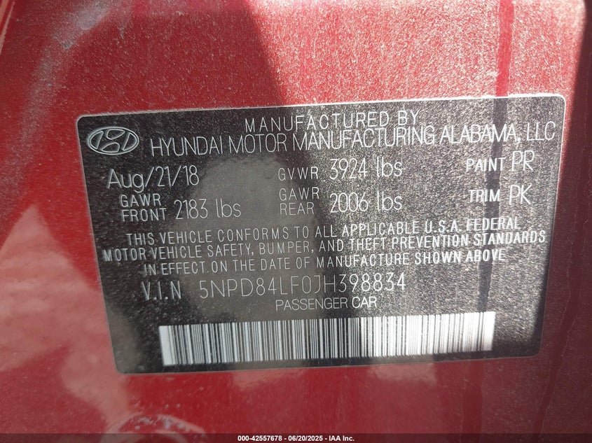 2018 Hyundai Elantra Sel VIN: 5NPD84LF0JH398834 Lot: 42557678