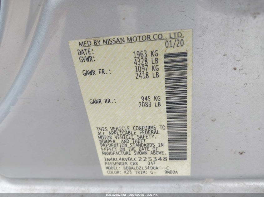 VIN 1N4BL4BV0LC225348 2020 NISSAN ALTIMA S FWD