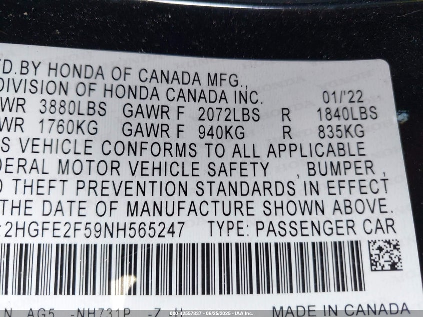 2022 HONDA CIVIC SPORT - 2HGFE2F59NH565247