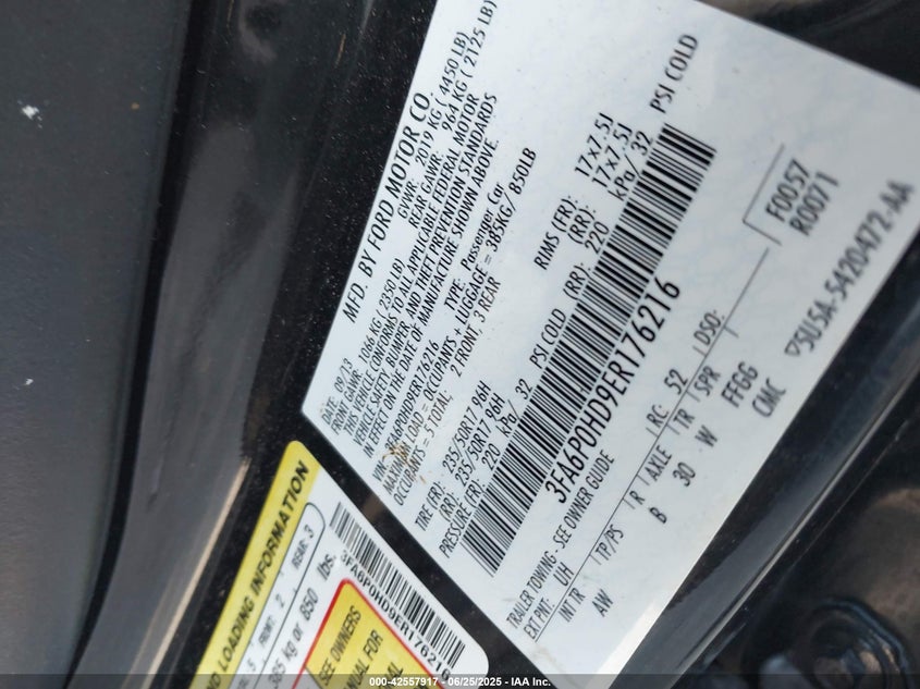 2014 Ford Fusion Se VIN: 3FA6P0HD9ER176216 Lot: 42557917