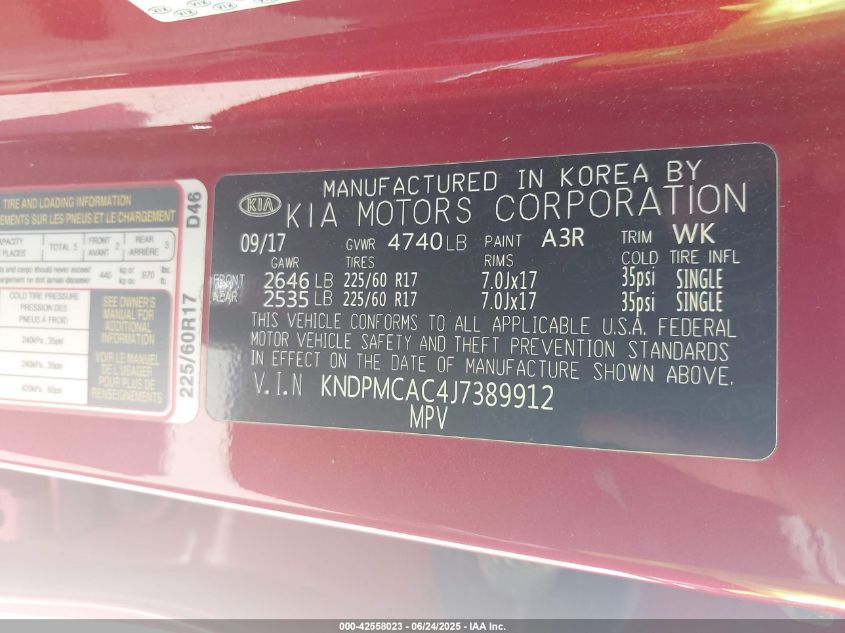 2018 Kia Sportage Lx VIN: KNDPMCAC4J7389912 Lot: 42558023