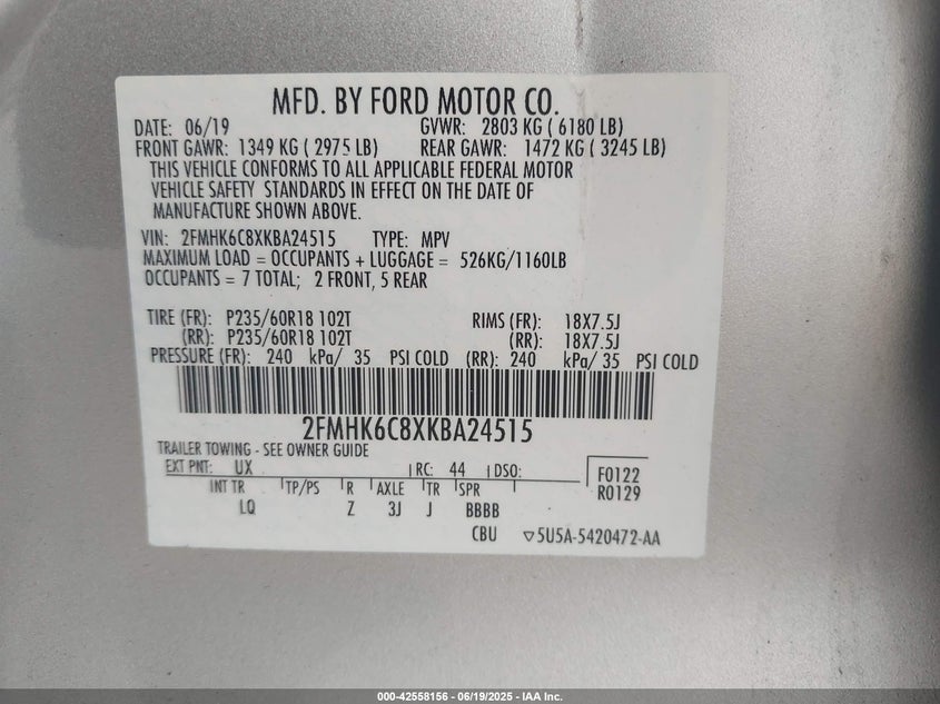 2019 FORD FLEX VIN: 2FMHK6C8XKBA24515