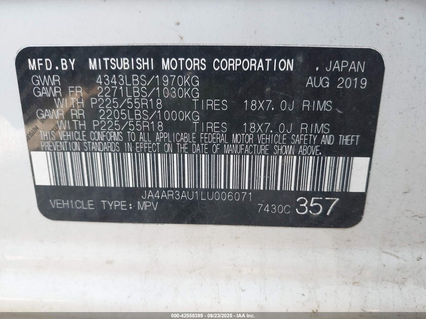 2020 MITSUBISHI OUTLANDER SPORT 2.0 ES AWC - JA4AR3AU1LU006071