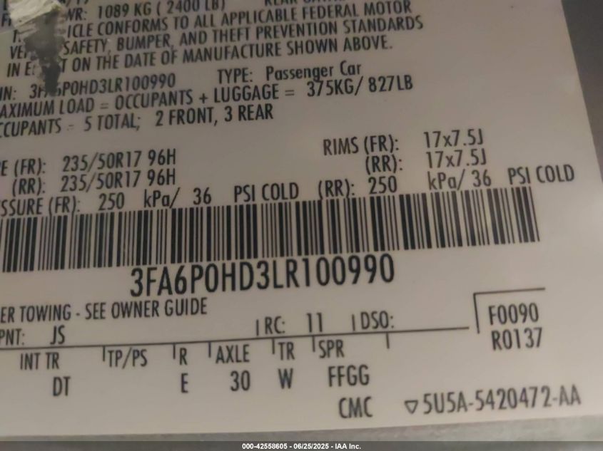 2020 Ford Fusion Se VIN: 3FA6P0HD3LR100990 Lot: 42558605