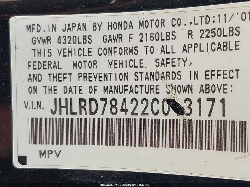 2002 Honda Cr-V Lx VIN: JHLRD78422C013171 Lot: 42558716
