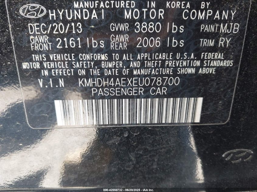 2014 Hyundai Elantra VIN: 8700 Lot: 42558732