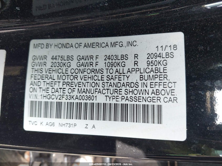 2019 Honda Accord Sport 2.0T VIN: 1HGCV2F33KA003600 Lot: 42559118