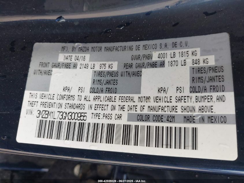 2016 Mazda Mazda3 I Touring VIN: 3MZBM1L73GM300955 Lot: 42559328