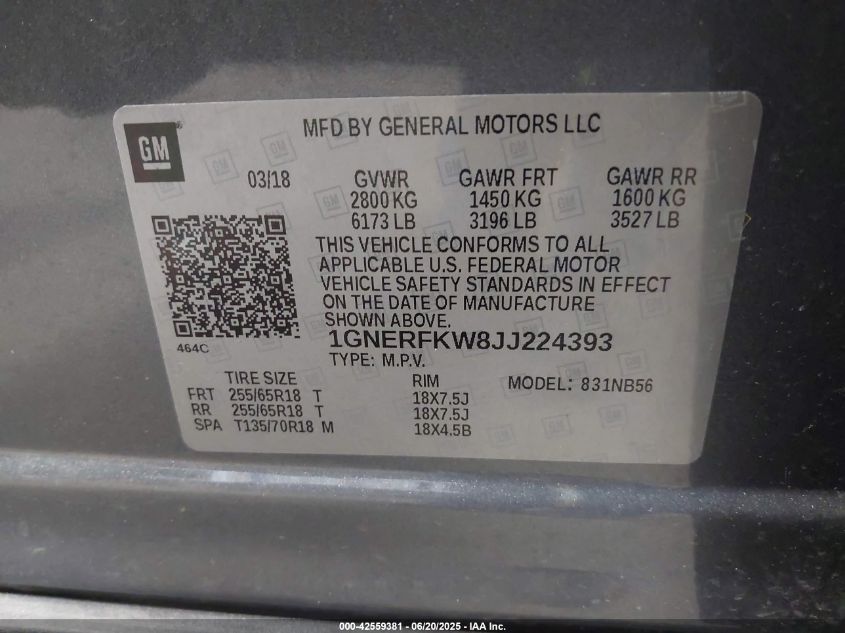 2018 Chevrolet Traverse Ls VIN: 1GNERFKW8JJ224393 Lot: 42559381