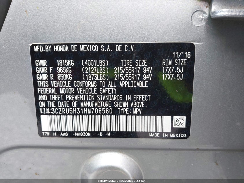 2017 HONDA HR-V VIN: 3CZRU5H31HM708560