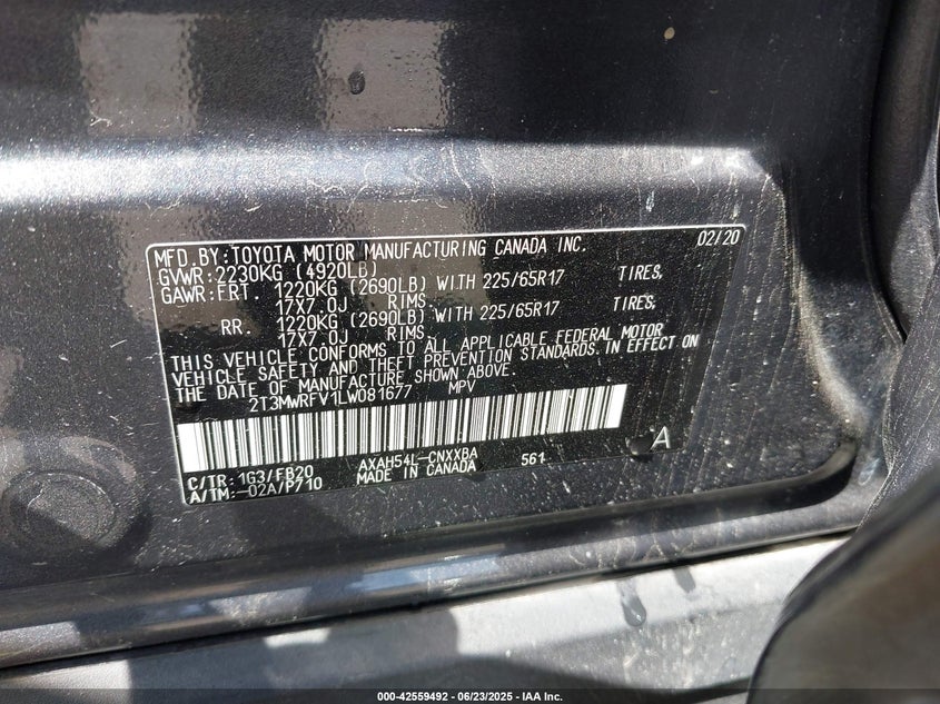 VIN 2T3MWRFV1LW081677 2020 TOYOTA RAV4 HYBRID LE