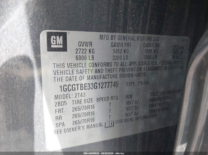 2016 CHEVROLET COLORADO VIN: 1GCGTBE33G1277749