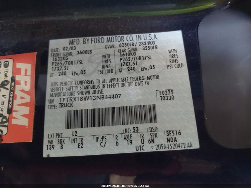 2003 Ford F150 Lariat/Xl/Xlt VIN: 01FTRX18W13NB4407 Lot: 42559740