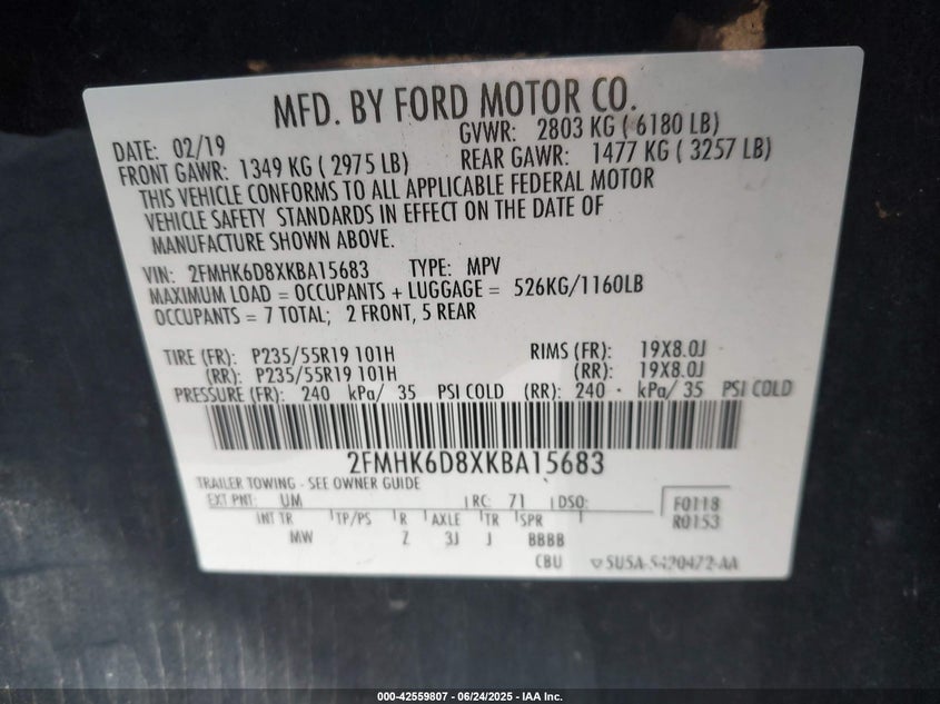 2019 FORD FLEX VIN: 2FMHK6D8XKBA15683