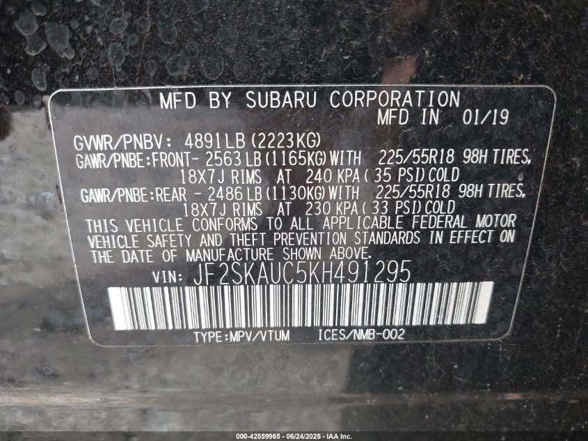 2019 Subaru Forester Limited VIN: JF2SKAUC5KH491295 Lot: 42559965