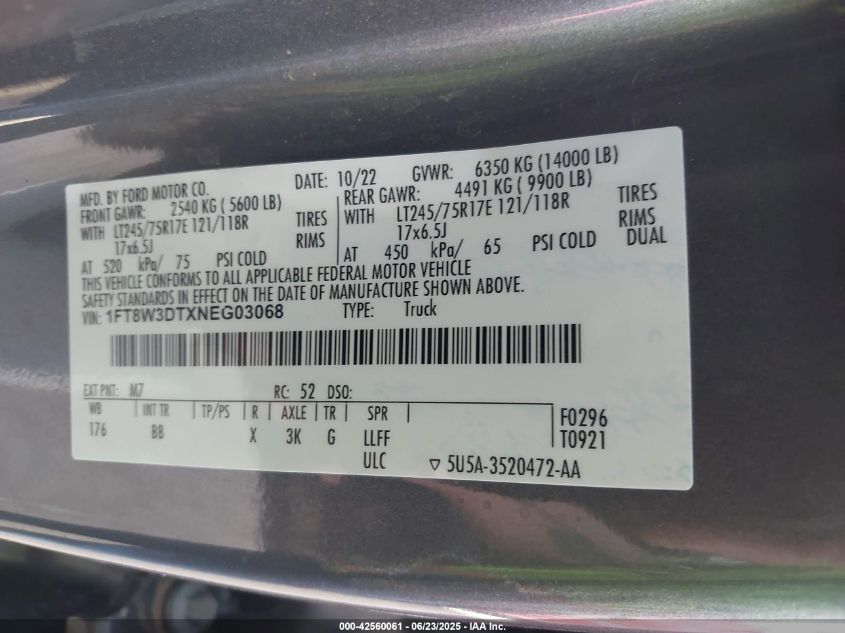 2022 Ford F-350 Platinum VIN: 1FT8W3DTXNEG03068 Lot: 42560061