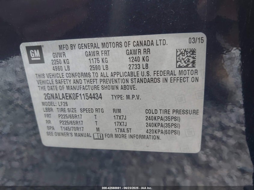 2015 CHEVROLET EQUINOX LS - 2GNALAEK0F1154434